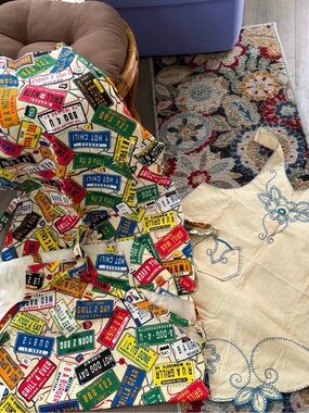 3 Aprons, one antique unfinished embroidered + 2 NWT Grilla Gear